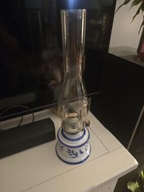 Blue & White Ceramic Hurricane Oil Lamp Glass Chimney Vintage Style Decor Lamp